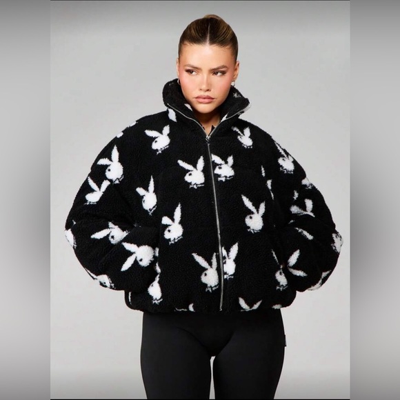 Missguided x Playboy Crop Puffer Jacket With Bunny Head Pattern Y2K - Picture 2 of 2